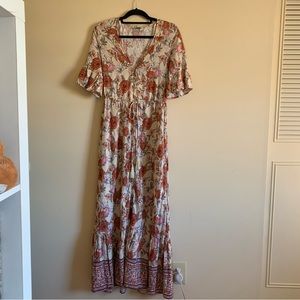 PETAL AND PUP FLORAL MAXI DRESS WITH RUFFLE SLEEVE BUTTONS AND WAIST TIE SIZE 8